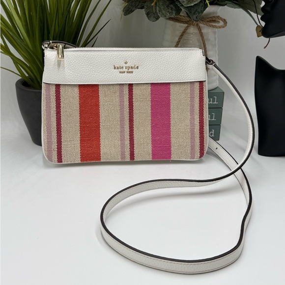 kate spade Handbags - Kate Spade Leila Striped Canvas Triple Gusset Crossbody bag pebbled leather trim